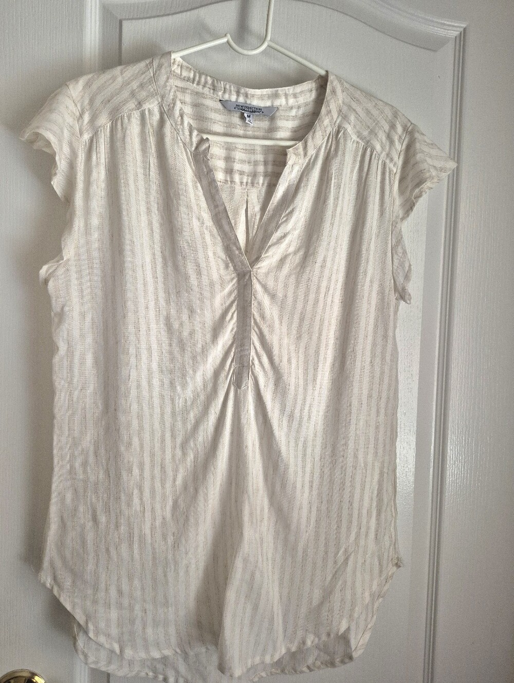 Women's Cream Striped V-Neck Cap Sleeve Blouse